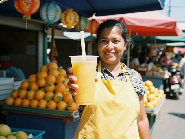 Z-Image Turbo: A smiling woman in a yellow apron hands a paper cup of mango juice across a colorful street market stall, strings of pap