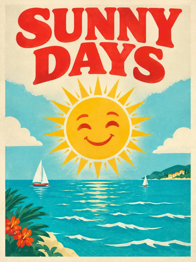 GPT Image 2.5: A bright retro travel poster with the words "SUNNY DAYS" in big red letters above a smiling sun over a turquoise sea, fl