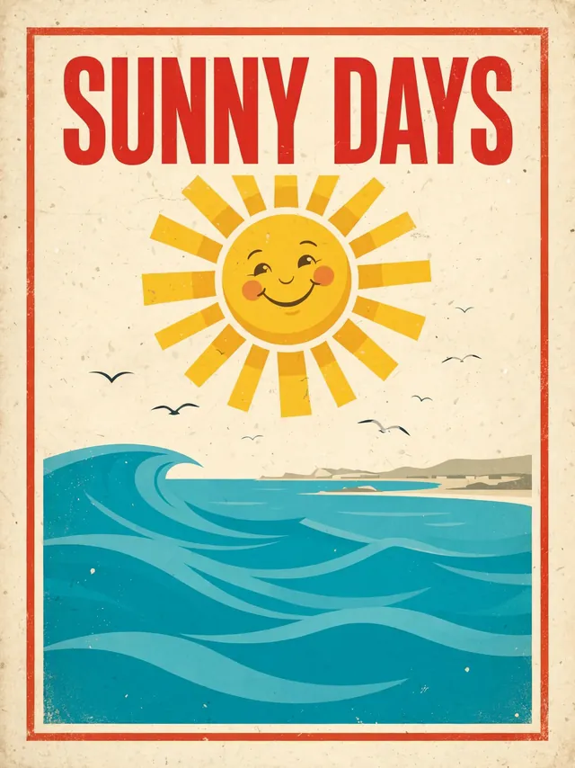 Meta Muse Image: A bright retro travel poster with the words "SUNNY DAYS" in big red letters above a smiling sun over a turquoise sea, fl