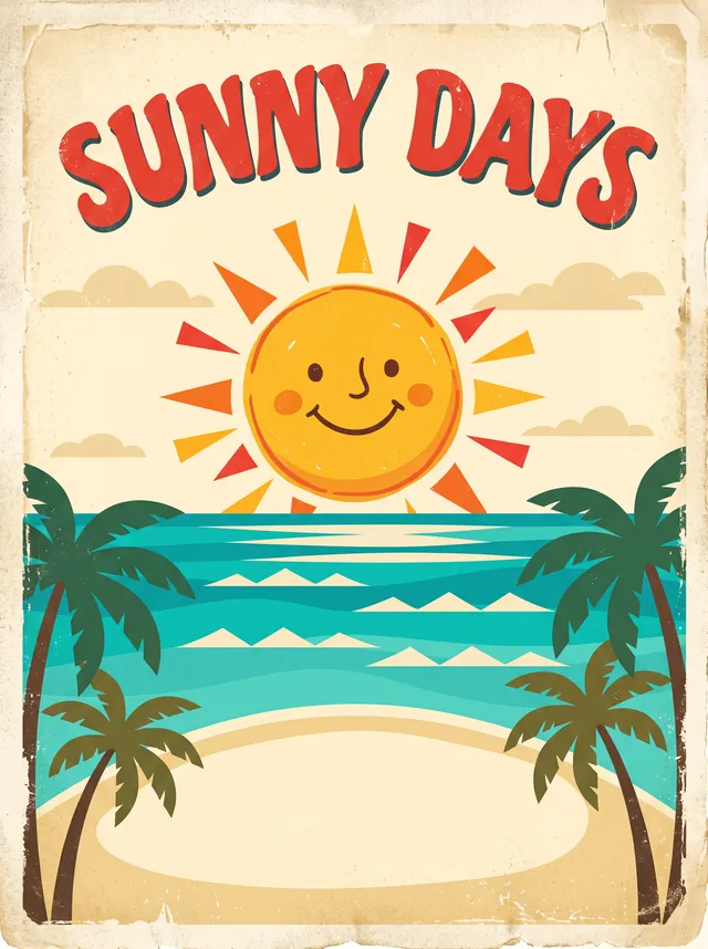 Nano Banana 2.1: A bright retro travel poster with the words "SUNNY DAYS" in big red letters above a smiling sun over a turquoise sea, fl