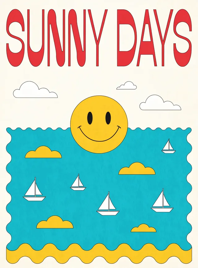 Recraft V4.1: A bright retro travel poster with the words "SUNNY DAYS" in big red letters above a smiling sun over a turquoise sea, fl