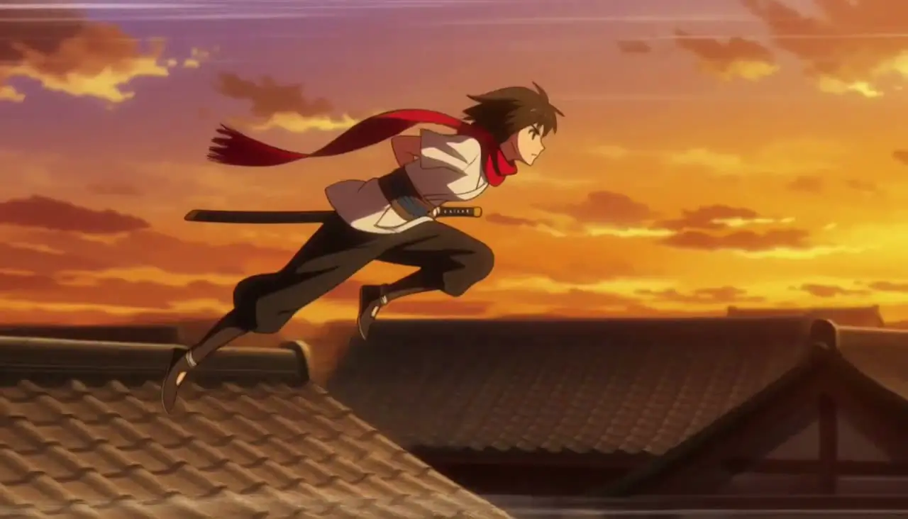 A swordfighter in a red scarf leaps across tiled rooftops at sunset
