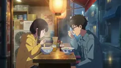 Slice of life: Two friends eat ramen at a small counter in a rainy alley at night