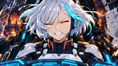 Mecha: Noa, a mecha pilot with silver hair, grits her teeth in a burning cockpit
