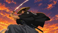Samurai: A ronin in a straw hat draws his sword in silver grass under a sunset sky