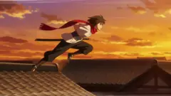 Shonen action: A swordfighter in a red scarf leaps across tiled rooftops at sunset