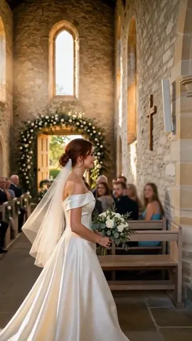 Maya, a bride with auburn hair in an ivory gown and a short veil, walks down the aisle of a sunlit stone chapel