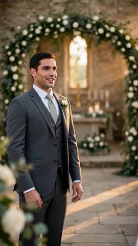 Daniel, a man in a grey three-piece suit with a white rose on his lapel, waits at the altar under a flower arch