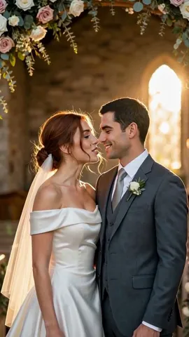 Maya and Daniel stand close together under a flower arch in golden light