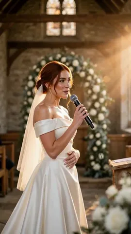 Maya at a small lectern holds a microphone with the flower arch glowing behind her