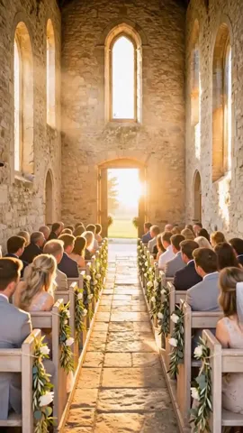 The chapel aisle between full pews, with the doors open and sunlight at the far end