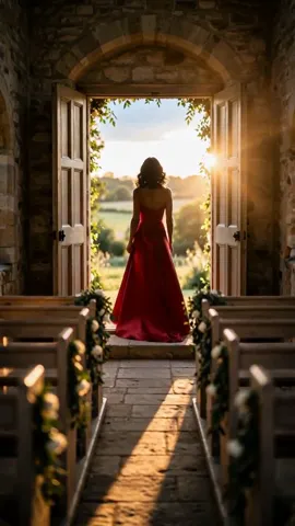 A woman in a red dress stands in the open chapel doors with her back to the camera