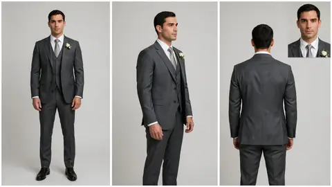 The character sheet of Daniel: the same man in a grey three-piece suit from the front, the side and the back, with a face close-up