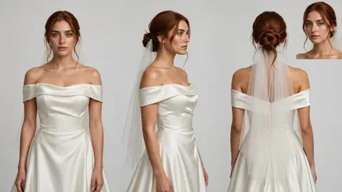 The character sheet of Maya: the same young woman in an ivory gown from the front, the side and the back, with a face close-up