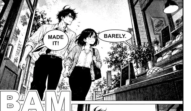 Panel from page 3: the two walk into the bakery. Made it. Barely.