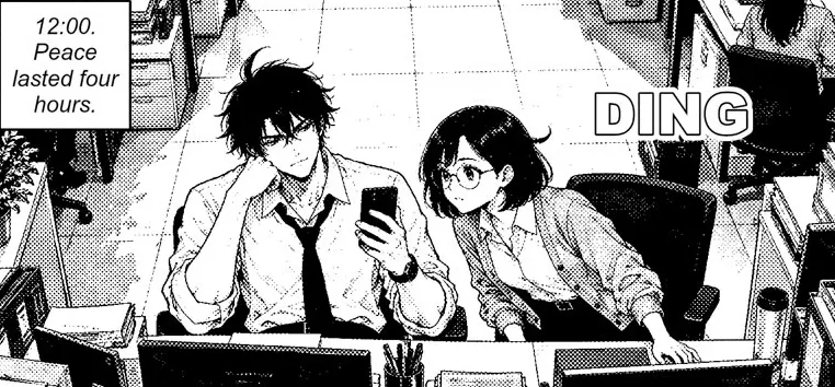 Panel from page 1: at their desks, she reads a bakery alert on his phone over his shoulder. Sound effect: DING