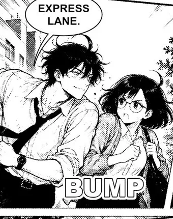 Panel from page 2: running side by side, he says express lane while she shoves past