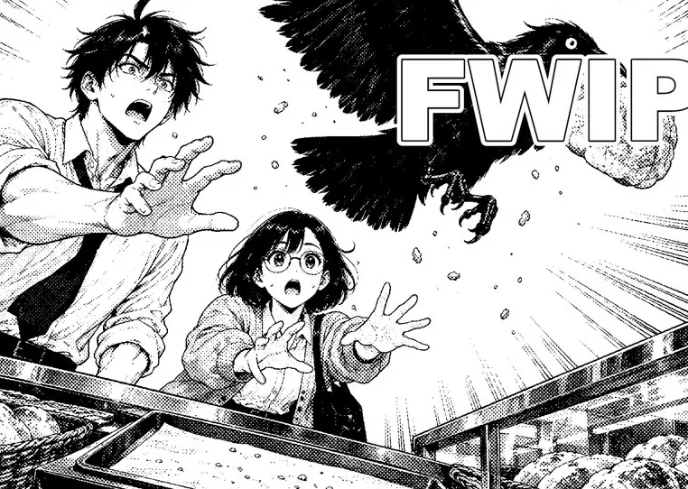 Panel from page 4: a crow snatches the melon bread as both reach for it. Sound effect: FWIP