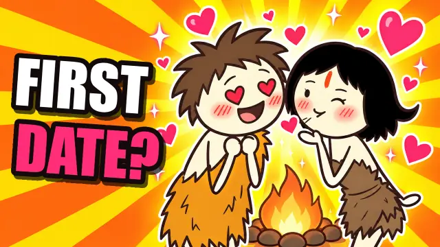 Two stick-figure cavepeople at a campfire with hearts around them and the words First date