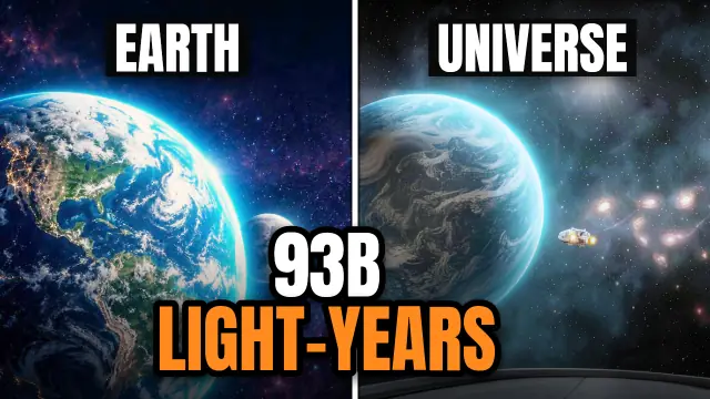 Earth beside a glowing blue sphere of the universe, with the words 93B light-years