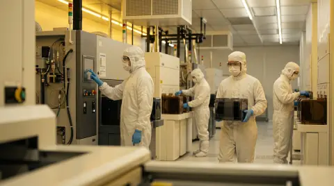 Engineers in clean-room suits at chip machines, Cinematic real look