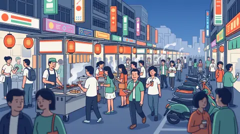A night market full of stalls and shoppers, drawn in the Map and cast look