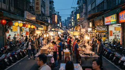 A crowded night market at dusk, drawn for Pro in the Cinematic real look