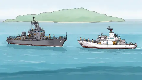 A destroyer and a coast guard ship on blue water, drawn in the Map and cast look
