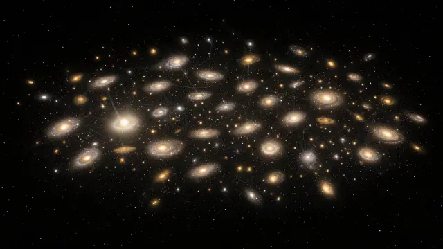 Thousands of gold and white galaxies across a dark void