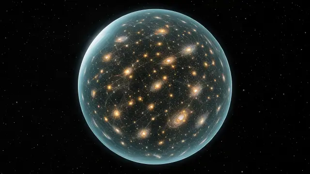 A glass-like blue sphere holding a web of tiny galaxies
