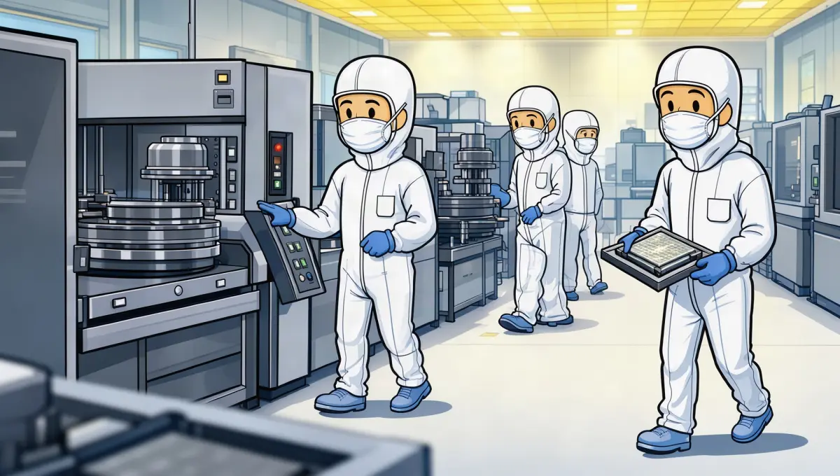 Engineers in white clean-room suits at chip machines in a yellow-lit room, drawn for Basic by FLUX.3 Klein