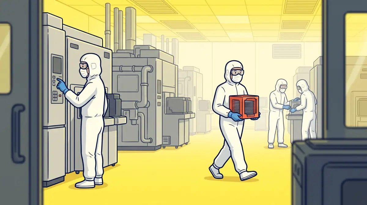 Engineers in white clean-room suits at chip machines in a yellow-lit room, drawn for Pro by Nano Banana 2.1