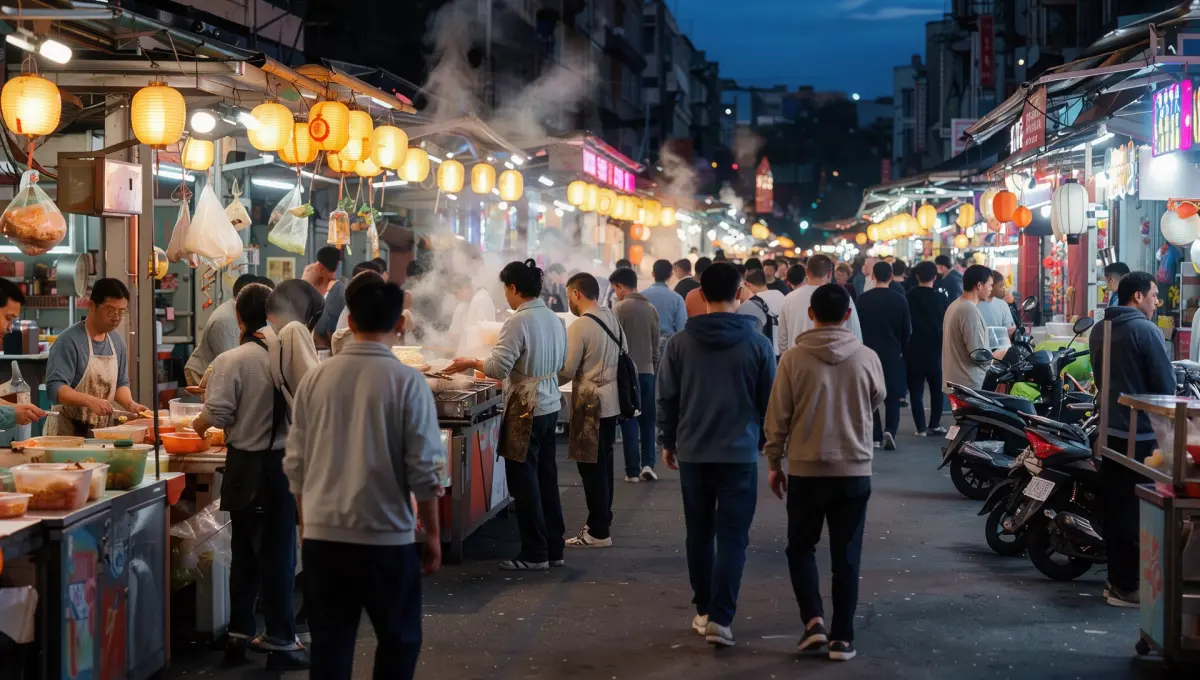 A crowded night market street at dusk with lanterns, steam and food stalls, drawn for Basic by FLUX.3 Klein