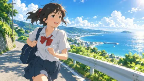 The Anime documentary look: a schoolgirl running by the sea
