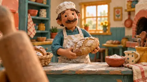 The Clay Stop-Motion look: a plasticine baker in a kitchen