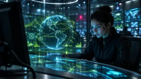 A near-black control-room look with glowing data and screens. For AI, cyber, finance and tech.