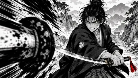 Black ink, screentone and speed lines. Dramatic comic storytelling for recaps, myth and martial arts.