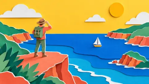 The Paper cutout look: a hiker on layered paper cliffs