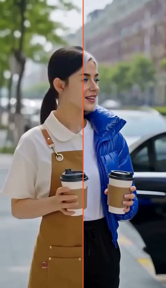 A cafe worker and a man in a suit; the right side shows both recast as Nova and Kai