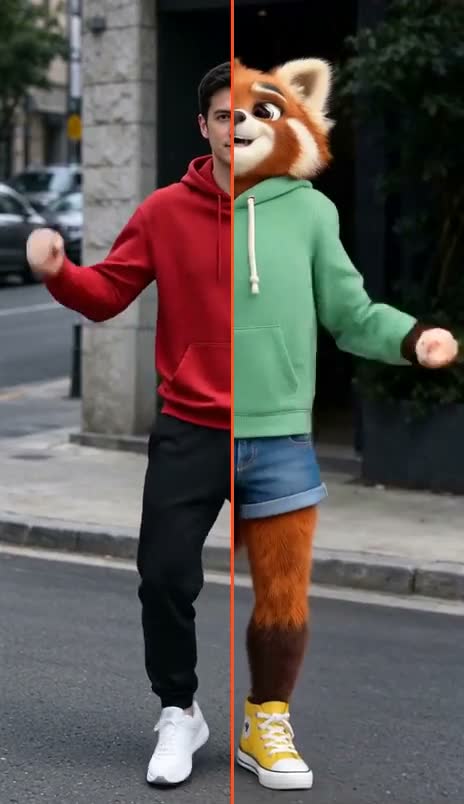 A man dances on a street; the right side shows the same dance with Ember, a red panda in a mint hoodie