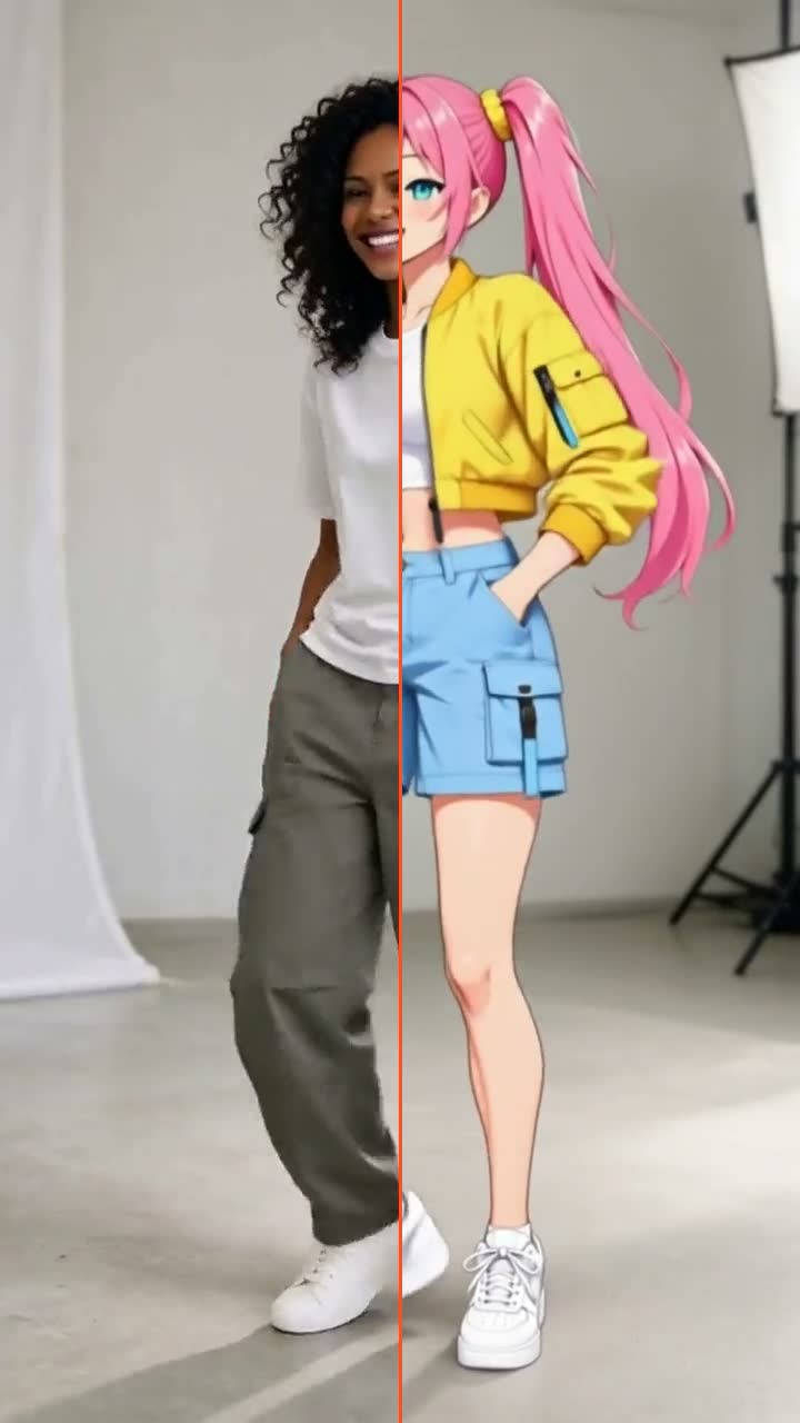 A woman dances in a white studio; the right side of the picture shows the same dance with Hana, an anime woman with pink twin tails