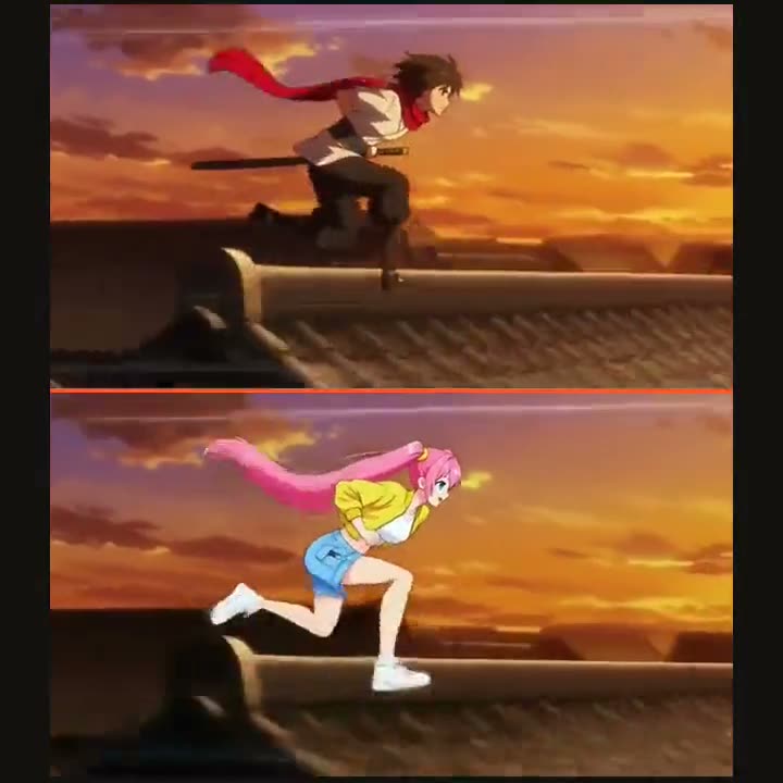An anime runner with a red scarf above, and below the same rooftop run with Hana, an anime woman with pink twin tails