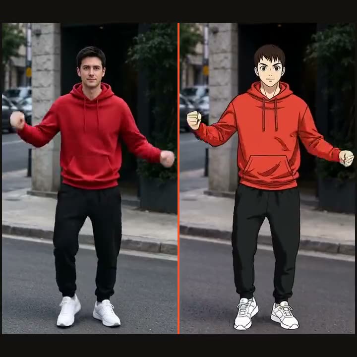 A man in a red hoodie dances on a street on the left; on the right the same clip with the man redrawn as anime on the real street