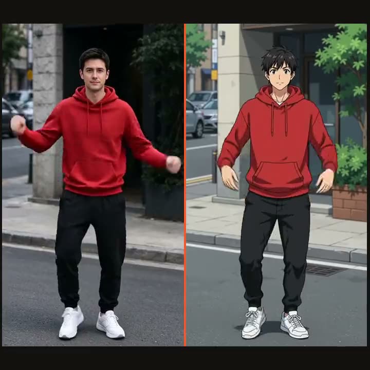 A man in a red hoodie dances on a street on the left; on the right the whole frame redrawn as anime, with a new street and trees
