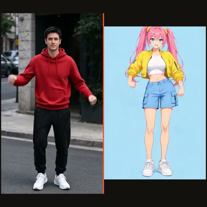A man in a red hoodie dances on a street on the left; on the right Hana, an anime woman with pink twin tails, does the same dance on a pale-blue backdrop