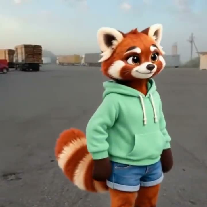 Ember, a red panda in a mint hoodie, dances by the gas station pumps with both arms in the air