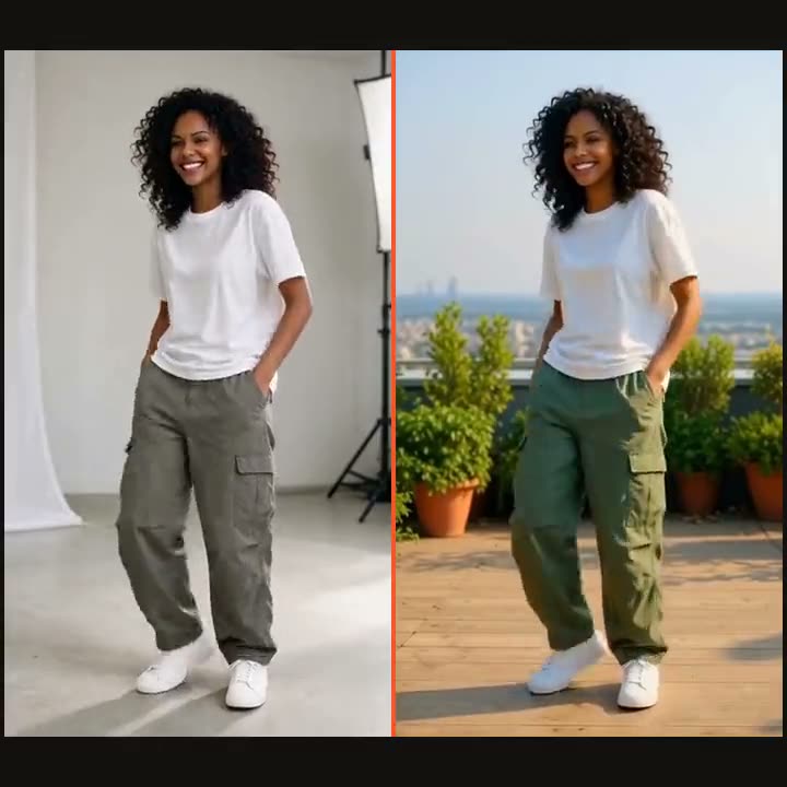 A woman dances in a white studio on the left; on the right the same dance on a sunny rooftop terrace with green plants and a skyline