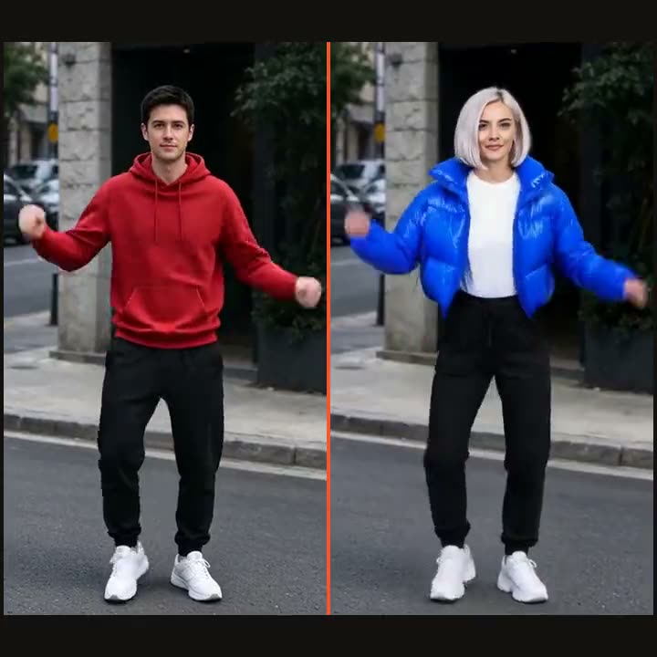 A man in a red hoodie dances on a street on the left; on the right the same dance with Nova, a woman with a silver bob and a blue puffer jacket