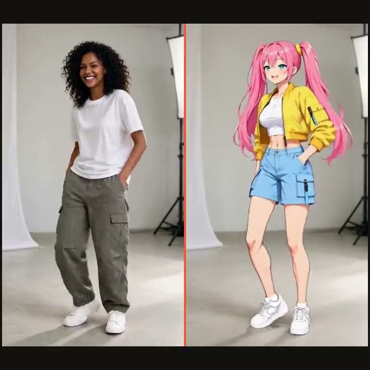 A woman dances in a white studio on the left; on the right the same dance with Hana, an anime woman with pink twin tails