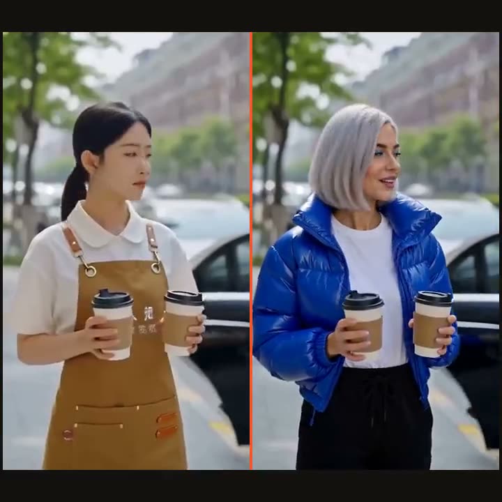 A cafe worker and a man in a suit on the left; on the right both recast, as Nova in a blue puffer jacket and Kai in an orange bomber jacket